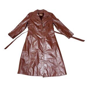 VINTAGE MAXI LEATHER JACKET BEALTED TRENCH COAT BROWN WOMENS SIZE 12